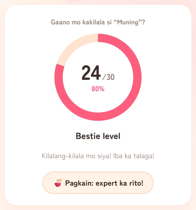 Halimbawa ng resulta: 24 sa 30 ang tama, 80%, Bestie level